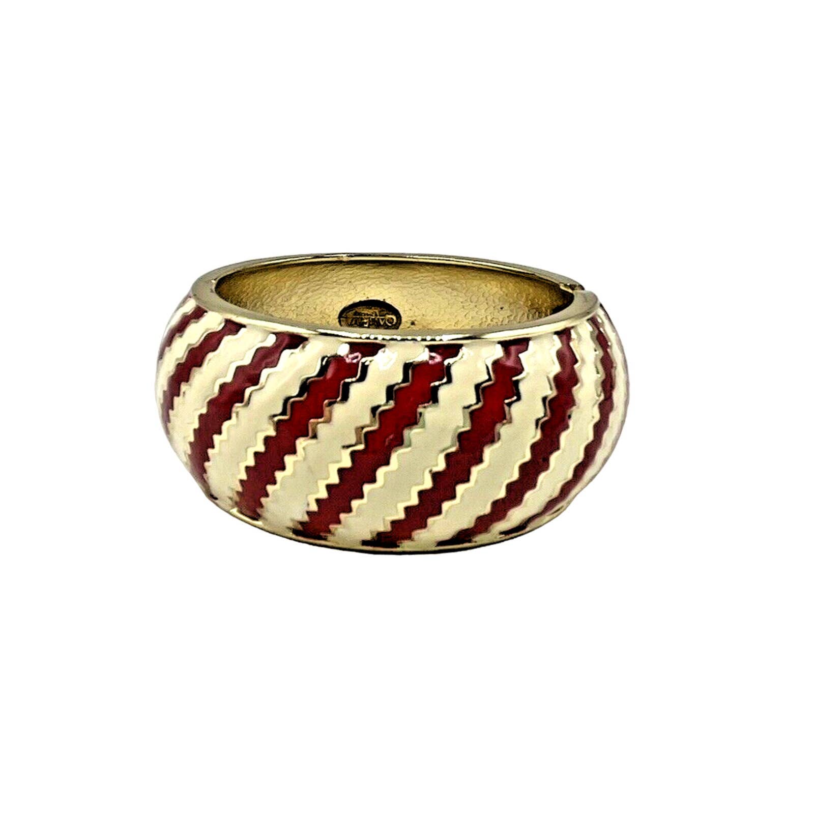 Wide Enamel Bangle Red White On Gold Tone Amrita Singh Hinged 14$